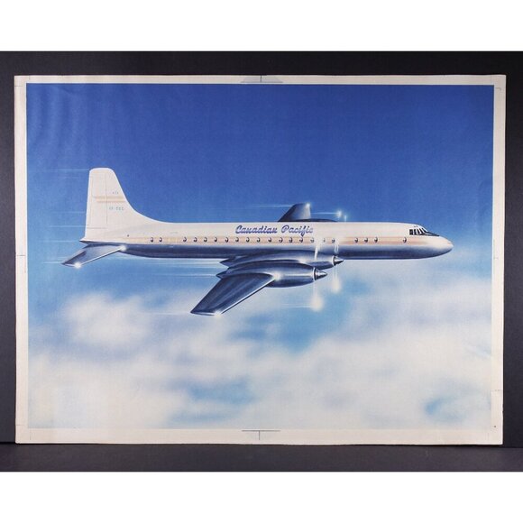 Vintage Canadian Pacific Douglas DC-6A airplane travel artwork litho poster 13.5 - Picture 1 of 6